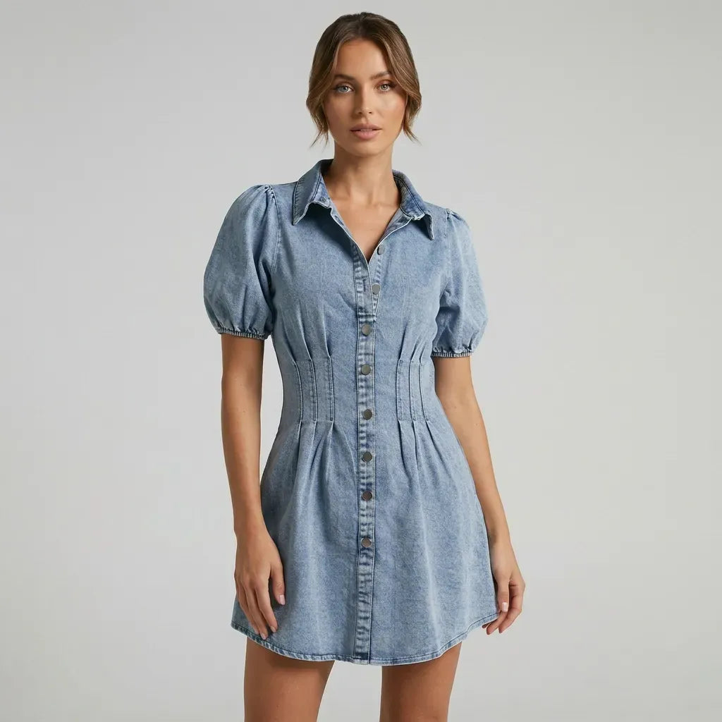 Mini Puff Sleeve Denim Dress Button Down Denim 2