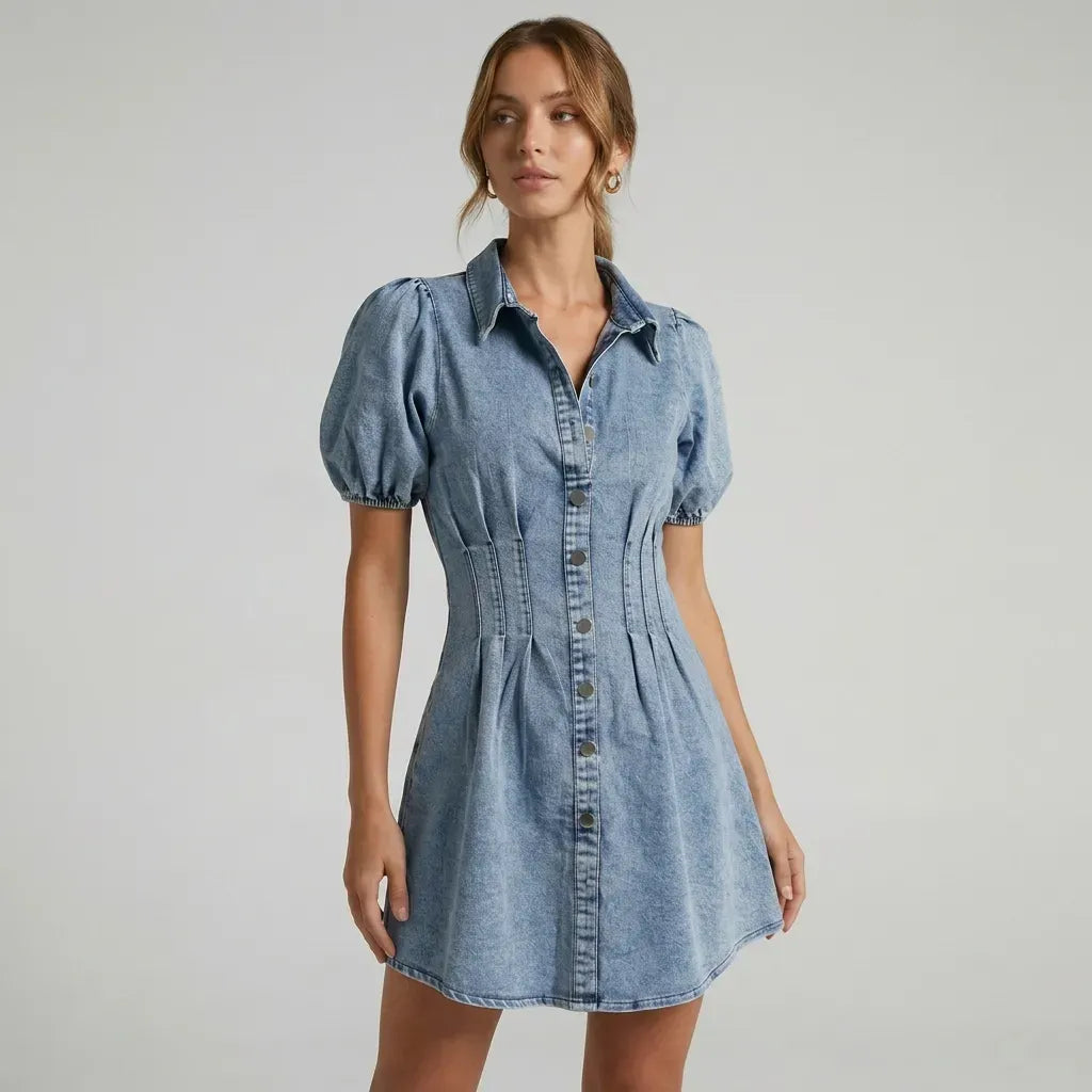 Mini Puff Sleeve Denim Dress Button Down Denim 4