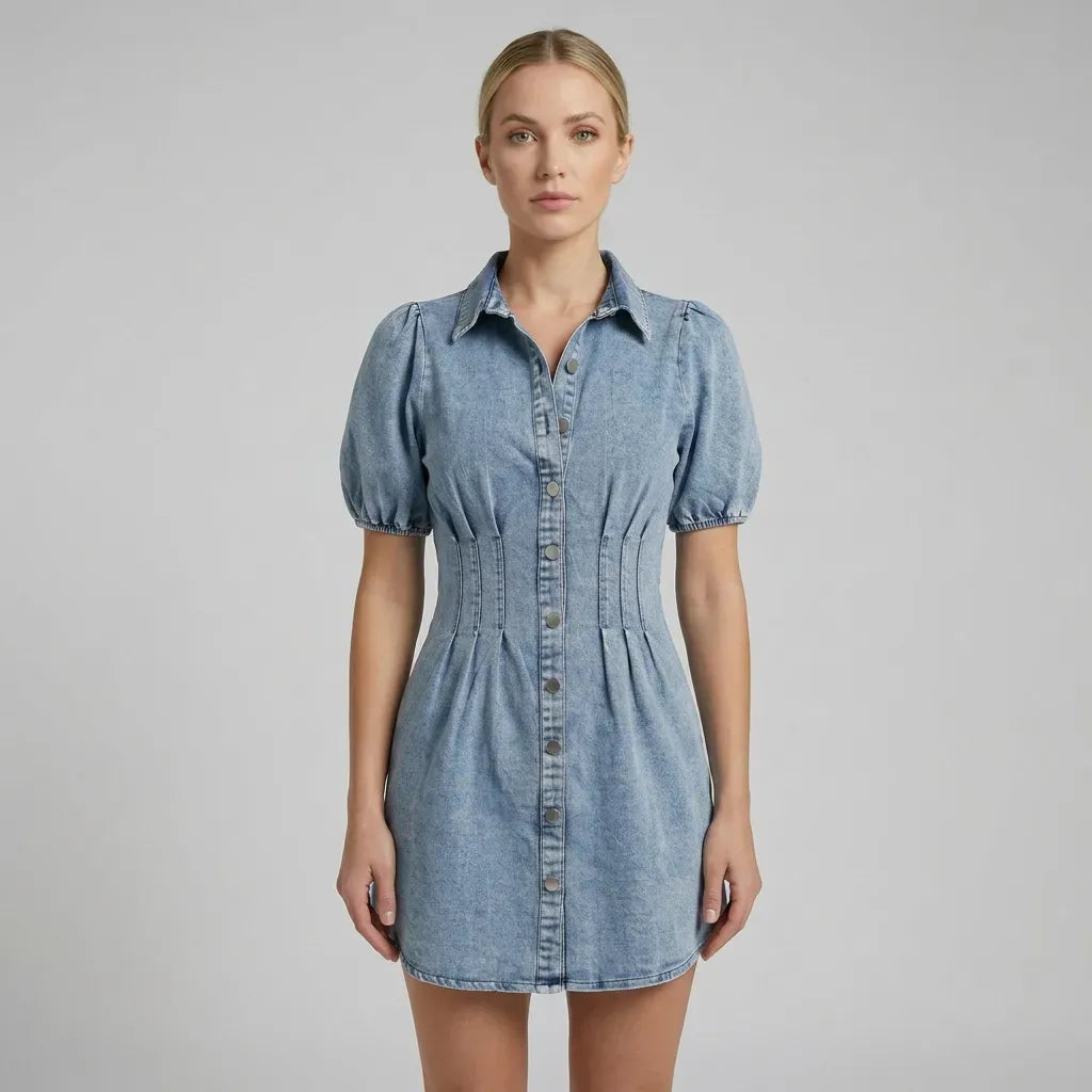 Mini Puff Sleeve Denim Dress Button Down Denim 5