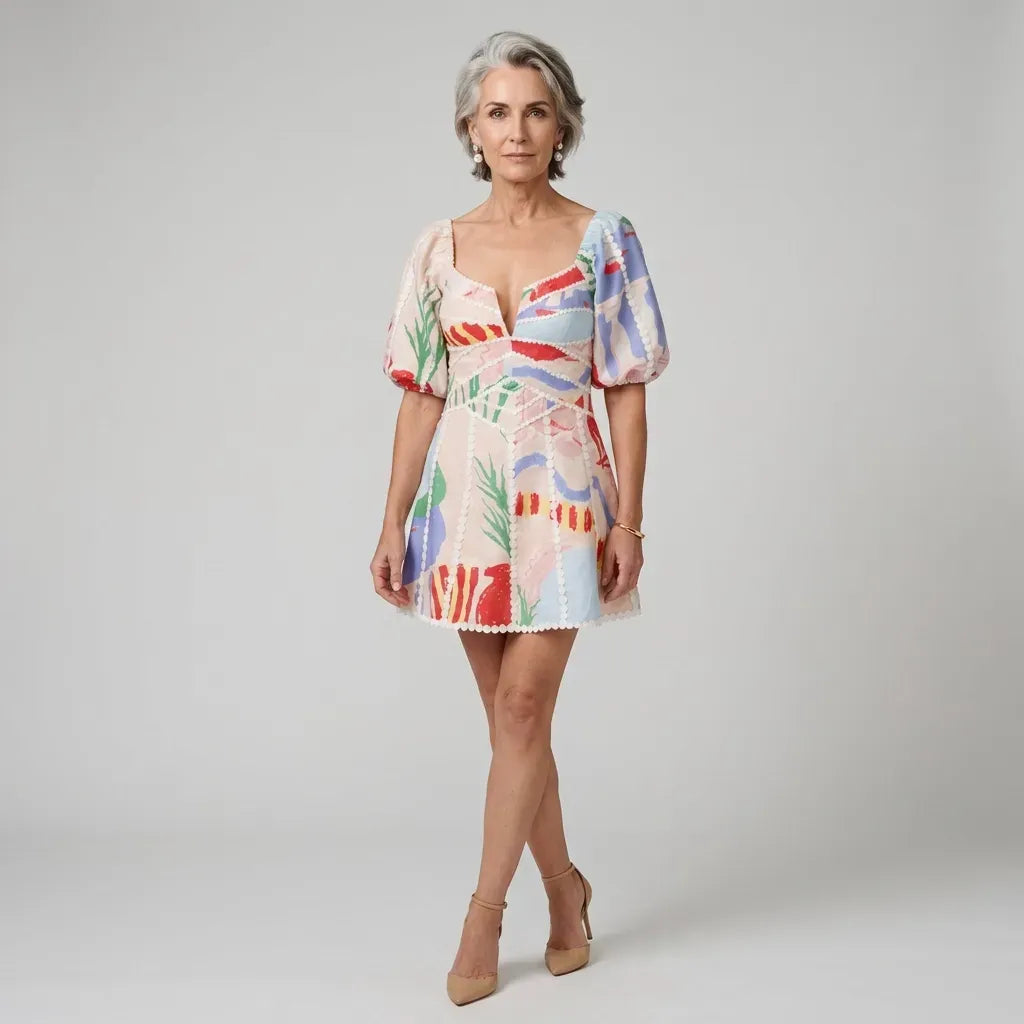 Mini Puff Sleeve Dress with Sweetheart Neckline Beige 1
