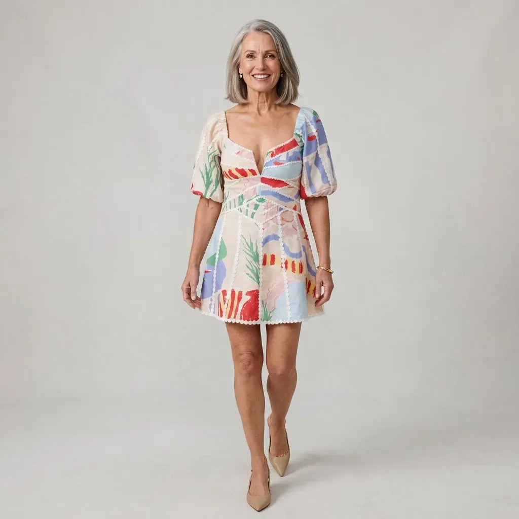 Mini Puff Sleeve Dress with Sweetheart Neckline Beige 3