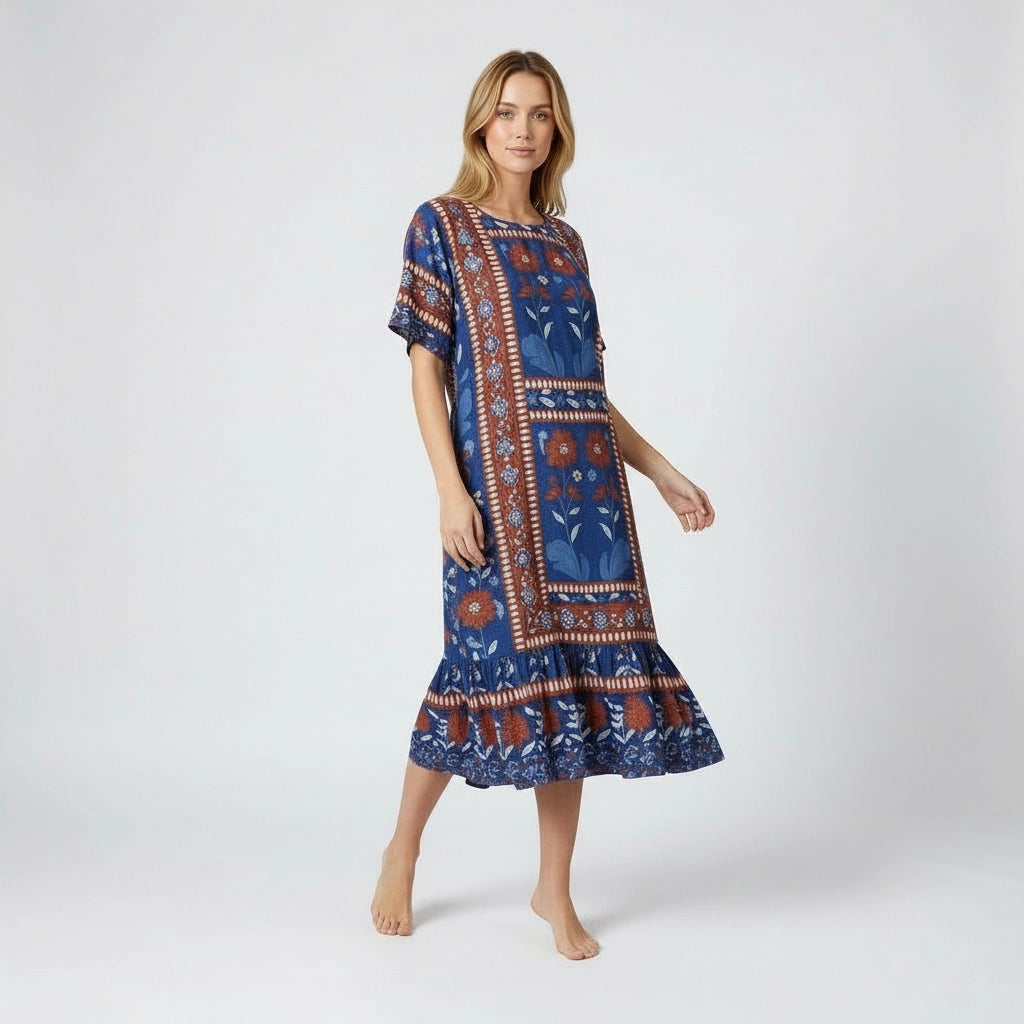 Women’s Folk Print Relaxed Midi Dress With Ruffle Hem
