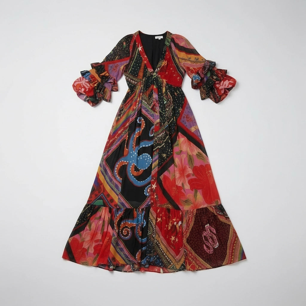 Women’s Boho V-Neck Ruffle Sleeve Maxi Dress