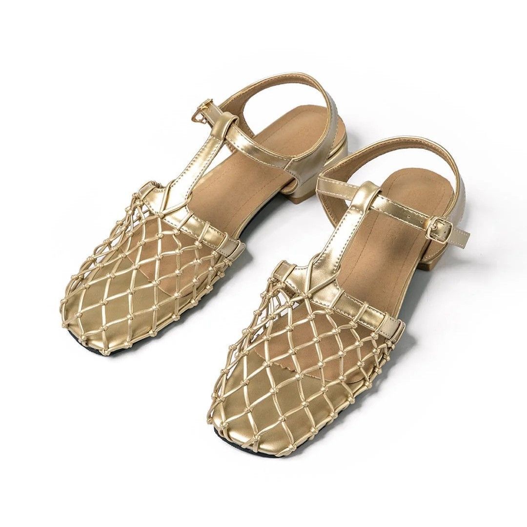 Netted Mesh Flats with T-Strap Gold 3