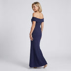 Off-Shoulder Black Tie Dress with Slit Navy 2