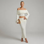 Off Shoulder Knit Top and Skirt Set White 3