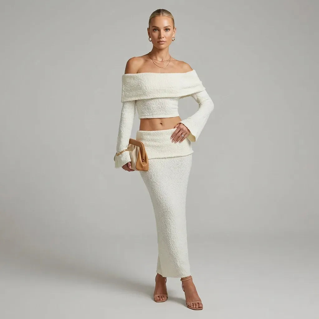 Off Shoulder Knit Top and Skirt Set White 3