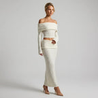 Off Shoulder Knit Top and Skirt Set White 4
