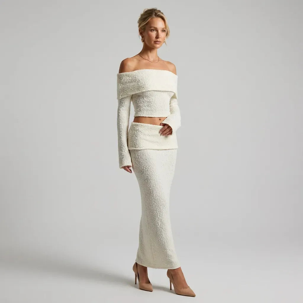 Off Shoulder Knit Top and Skirt Set White 4