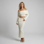 Off Shoulder Knit Top and Skirt Set White 5