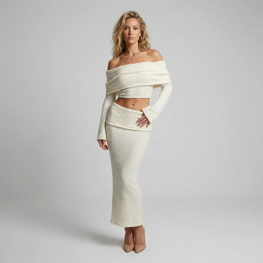 Off Shoulder Knit Top and Skirt Set White 5
