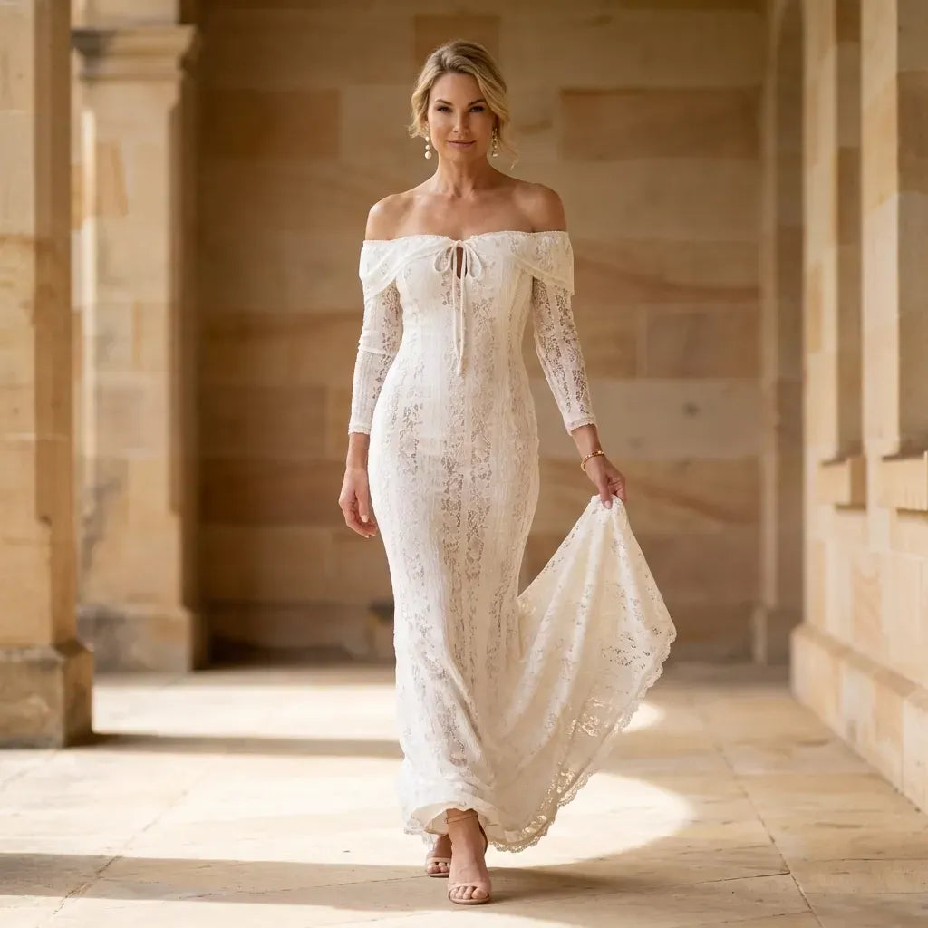 Off-Shoulder Lace Maxi Dress with Boho Style White 1