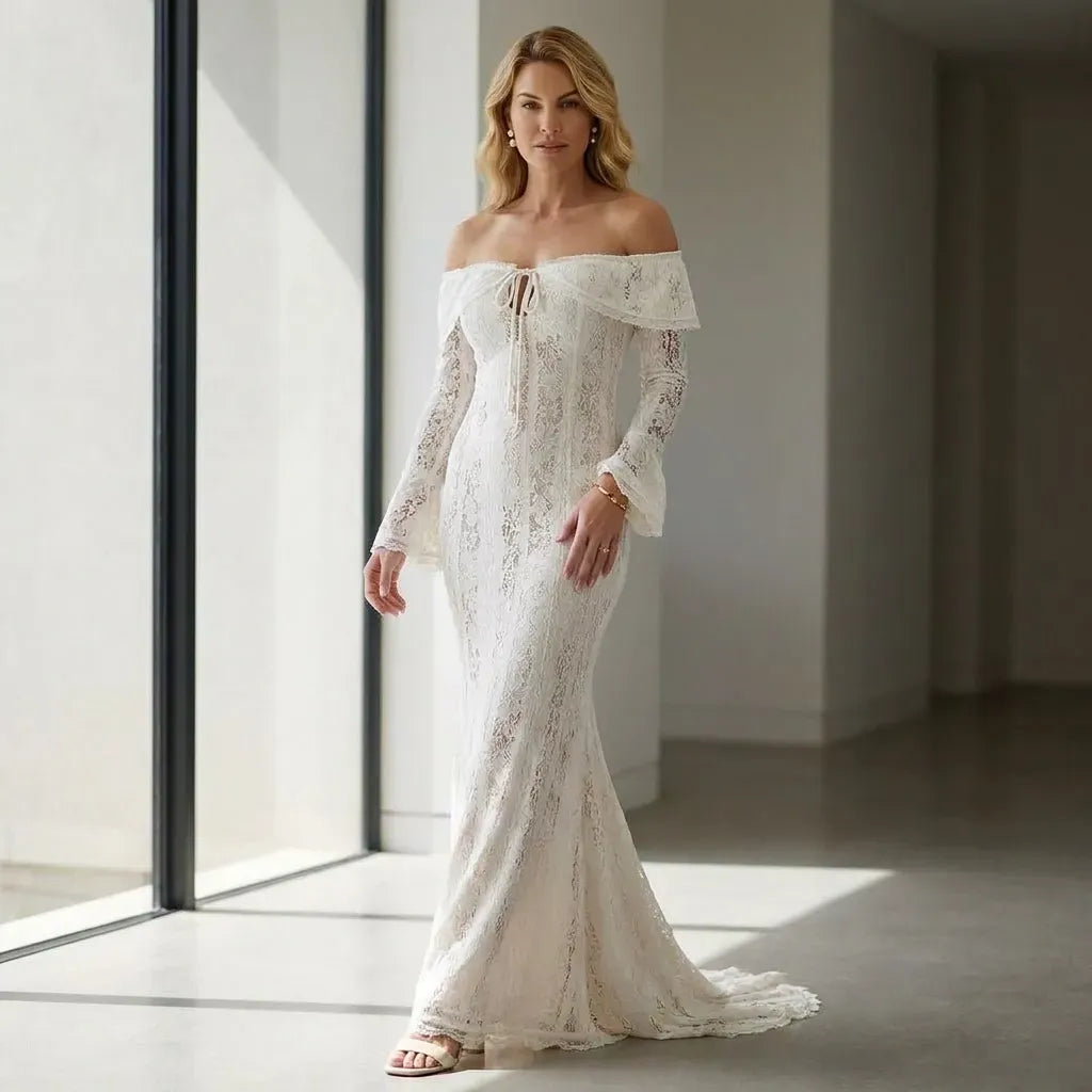 Off-Shoulder Lace Maxi Dress with Boho Style White 2