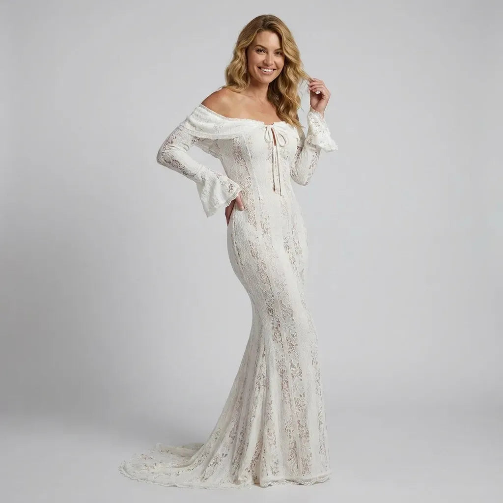 Off-Shoulder Lace Maxi Dress with Boho Style White 3