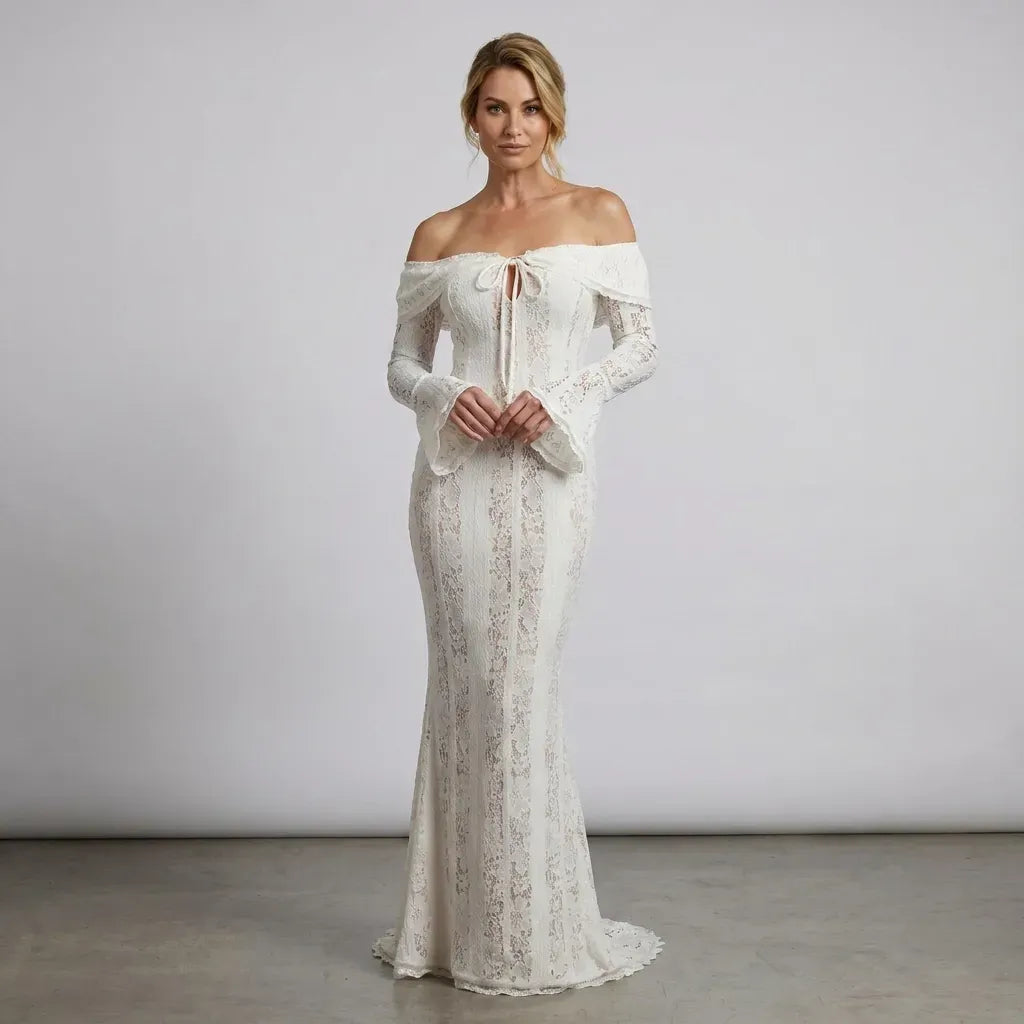 Off-Shoulder Lace Maxi Dress with Boho Style White 5