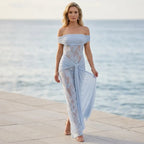 Off Shoulder Lace Slip Maxi Dress Blue 1