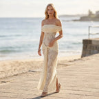 Off Shoulder Lace Slip Maxi Dress Yellow 2