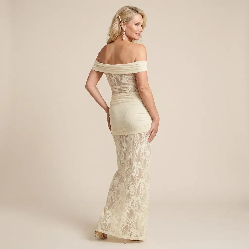 Off Shoulder Lace Slip Maxi Dress Yellow 3