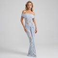 Off Shoulder Lace Slip Maxi Dress Blue 4