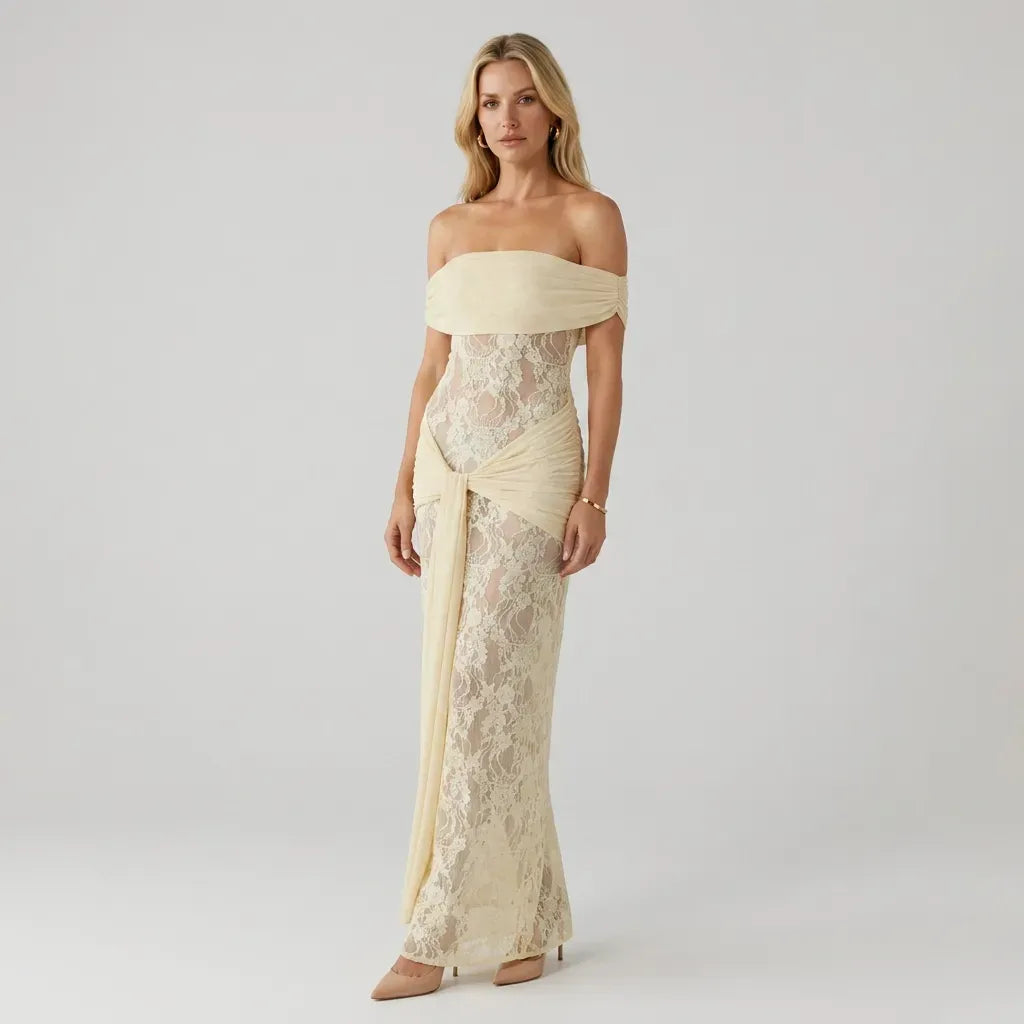 Off Shoulder Lace Slip Maxi Dress Yellow 5