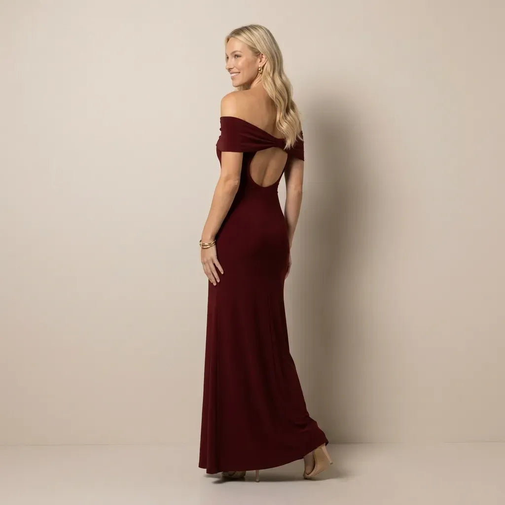 Off Shoulder Ruched Formal Maxi Dress Dark Red 2