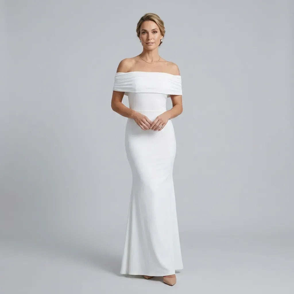 Off Shoulder Ruched Formal Maxi Dress White 4