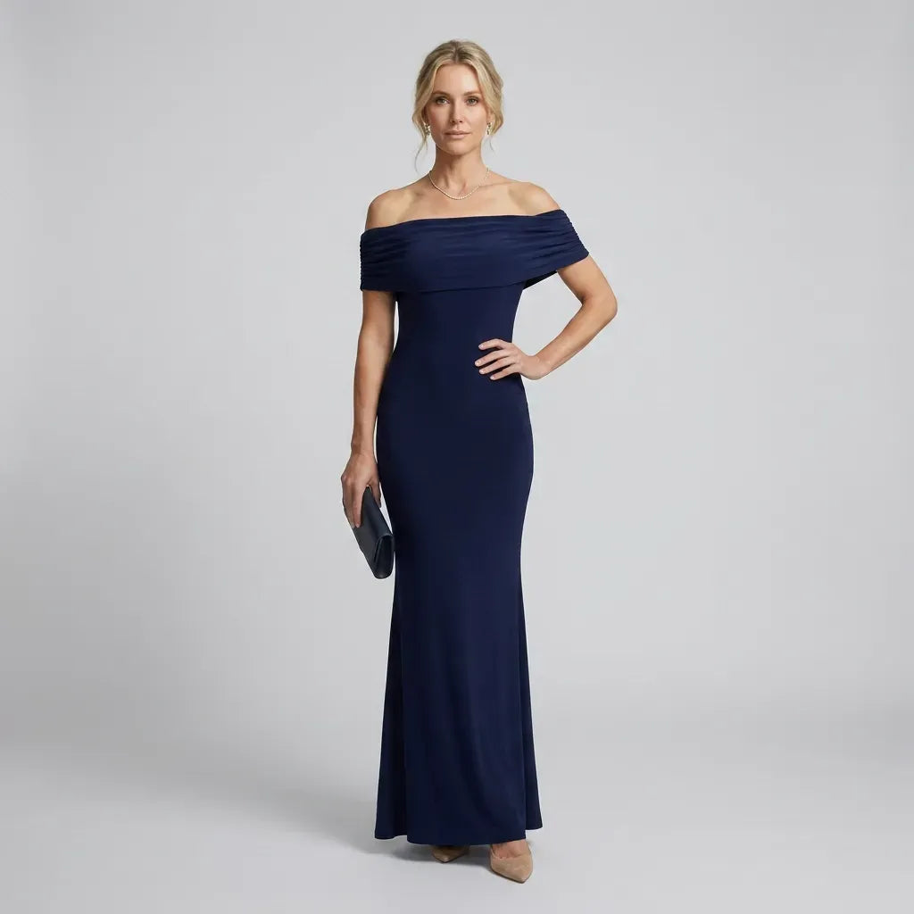 Off Shoulder Ruched Formal Maxi Dress Navy 5