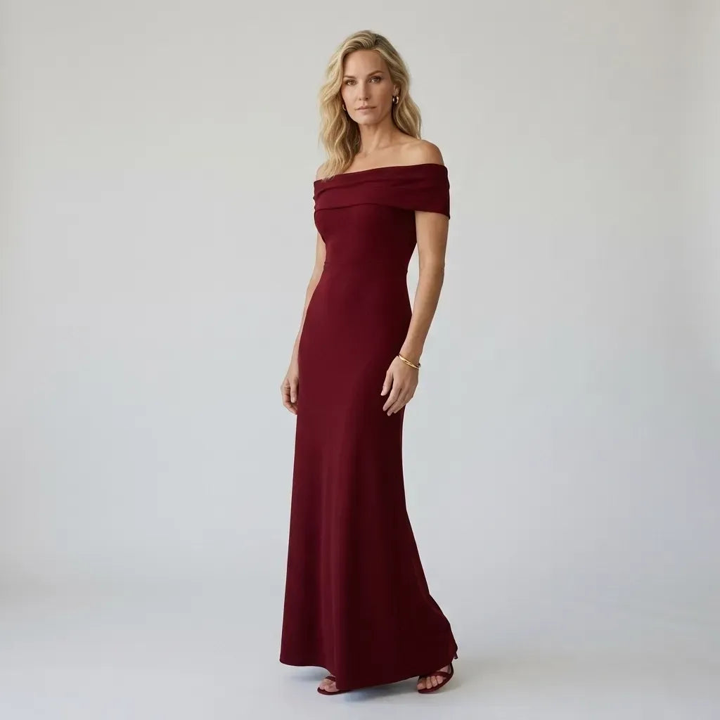 Off Shoulder Ruched Formal Maxi Dress Dark Red 6