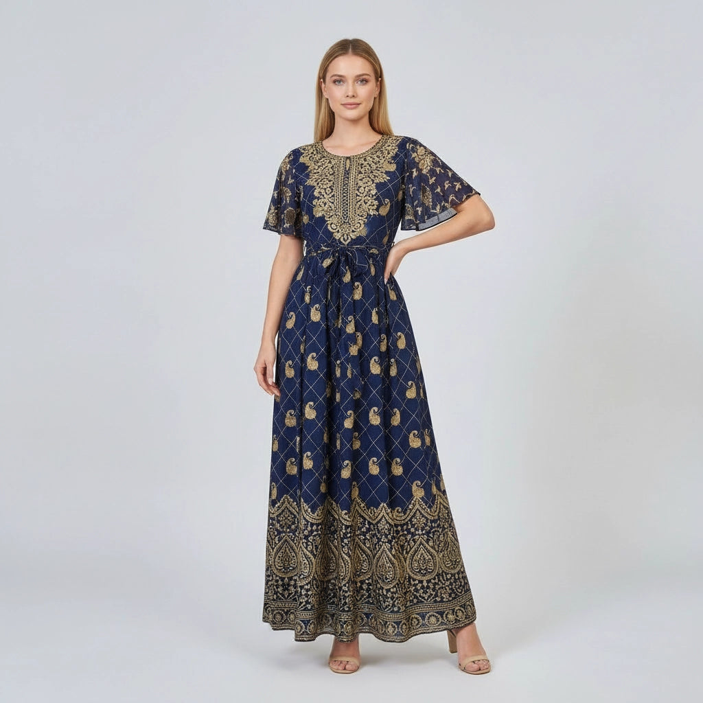 Women’s Boho Print Maxi Dress With Tie Waist