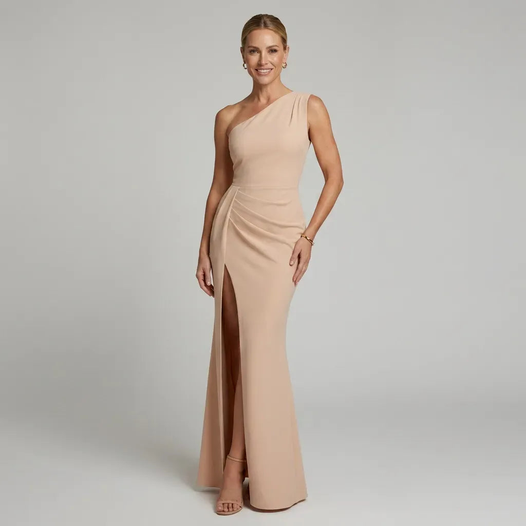 One Shoulder Black Tie Dress with Slit Beige 6