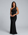 One Shoulder Draped Satin Maxi Dress in Black – 1