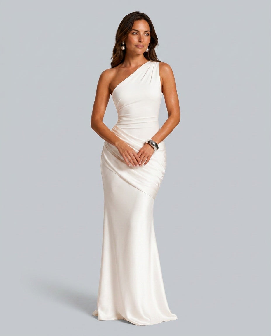 One Shoulder Draped Satin Maxi Dress in White – 3