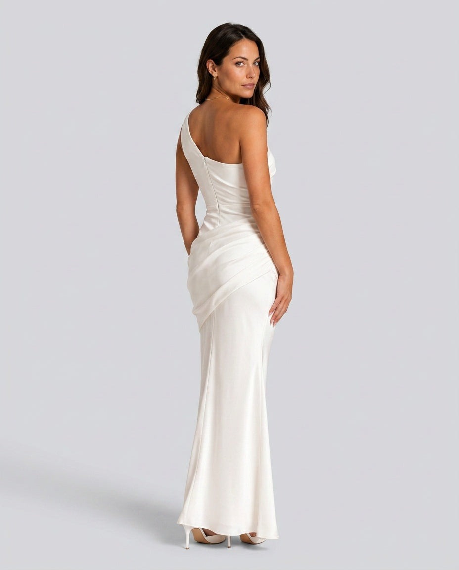 One Shoulder Draped Satin Maxi Dress in White – 4