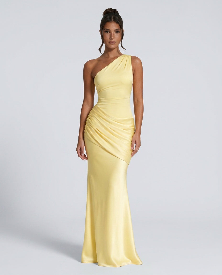 One Shoulder Draped Satin Maxi Dress in Yellow – 5
