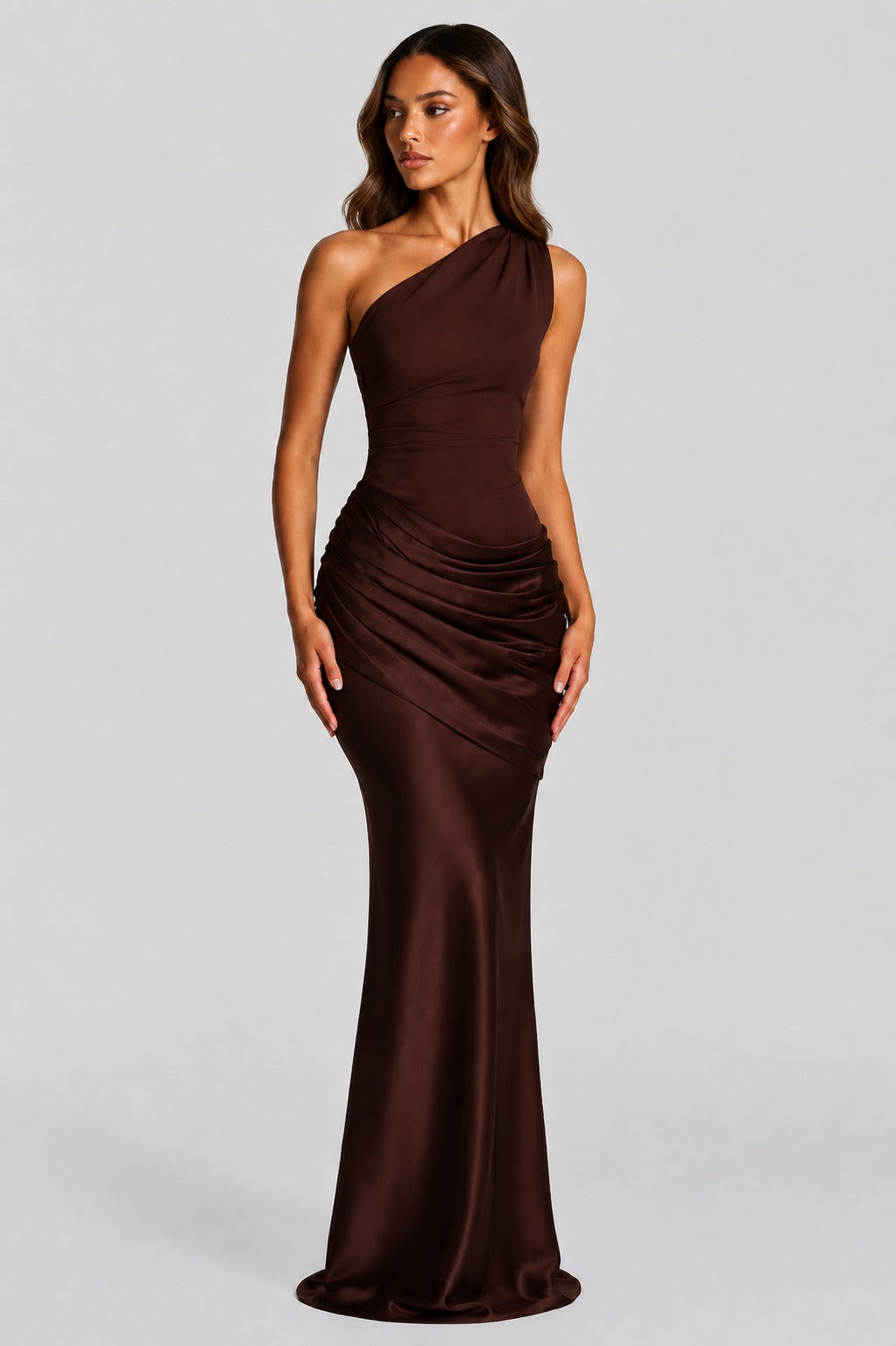One Shoulder Draped Satin Maxi Dress in Brown – 6