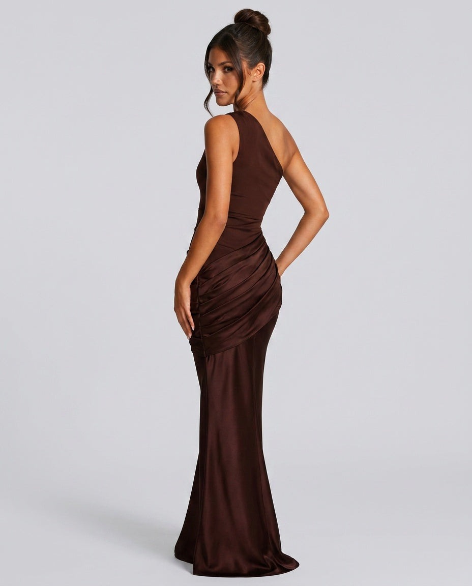 One Shoulder Draped Satin Maxi Dress in Brown – 7