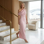 One Shoulder Draped Satin Maxi Dress Pink 1