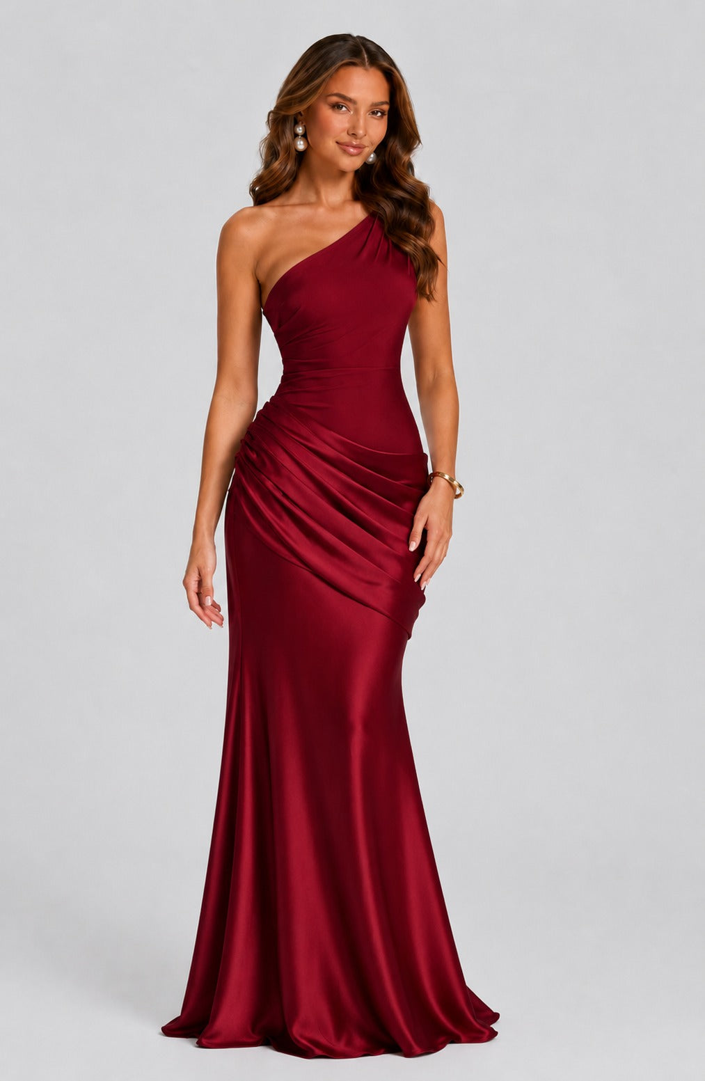 One Shoulder Draped Satin Maxi Dress in Red – 10