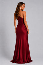 One Shoulder Draped Satin Maxi Dress in Red – 11