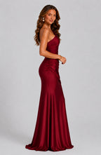 One Shoulder Draped Satin Maxi Dress in Red – 12