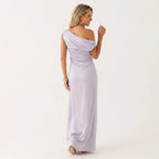 One Shoulder Draped Satin Maxi Dress Purple 3