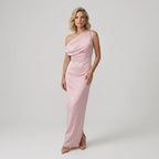 One Shoulder Draped Satin Maxi Dress Pink 5