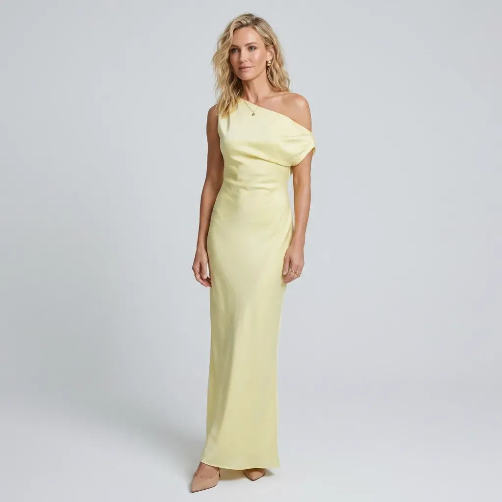 One Shoulder Draped Satin Maxi Dress Yellow 6