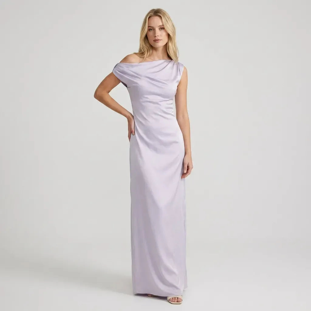 One Shoulder Draped Satin Maxi Dress Purple 8