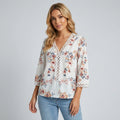 V Neck Floral Blouse With Crochet Trim