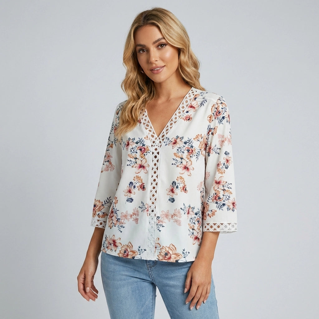 V Neck Floral Blouse With Crochet Trim