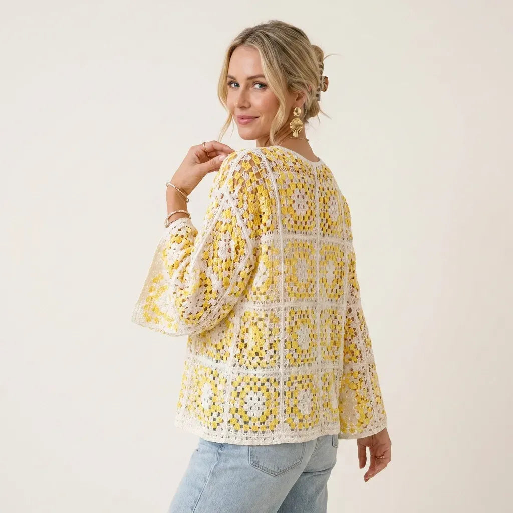 Open Front Crochet Cardigan with Granny Square Detail Yellow 4