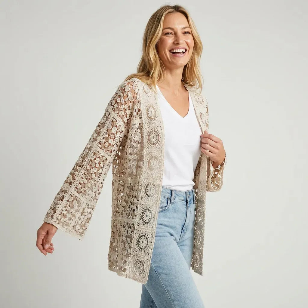 Open Front Crochet Cardigan with Granny Square Detail Khaki 5