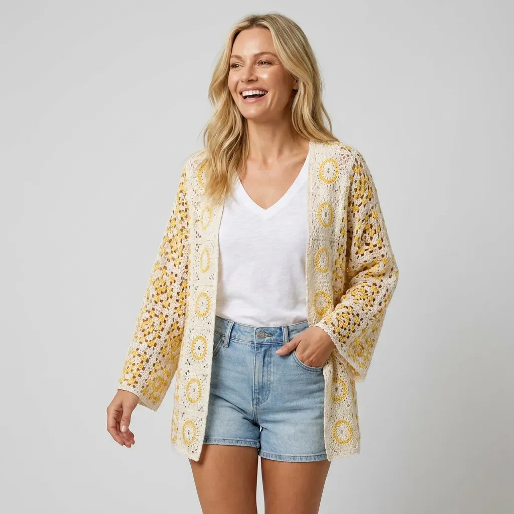 Open Front Crochet Cardigan with Granny Square Detail Yellow 7