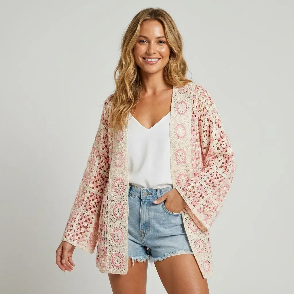 Open Front Crochet Cardigan with Granny Square Detail Pink 8